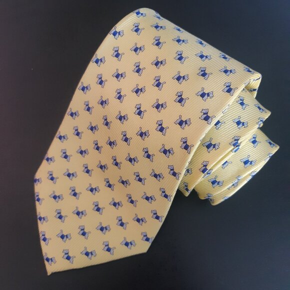 Scottie Dog Repeating Pattern Soft Yellow with Blue & White- Men's Tie 100% Silk - Picture 1 of 9